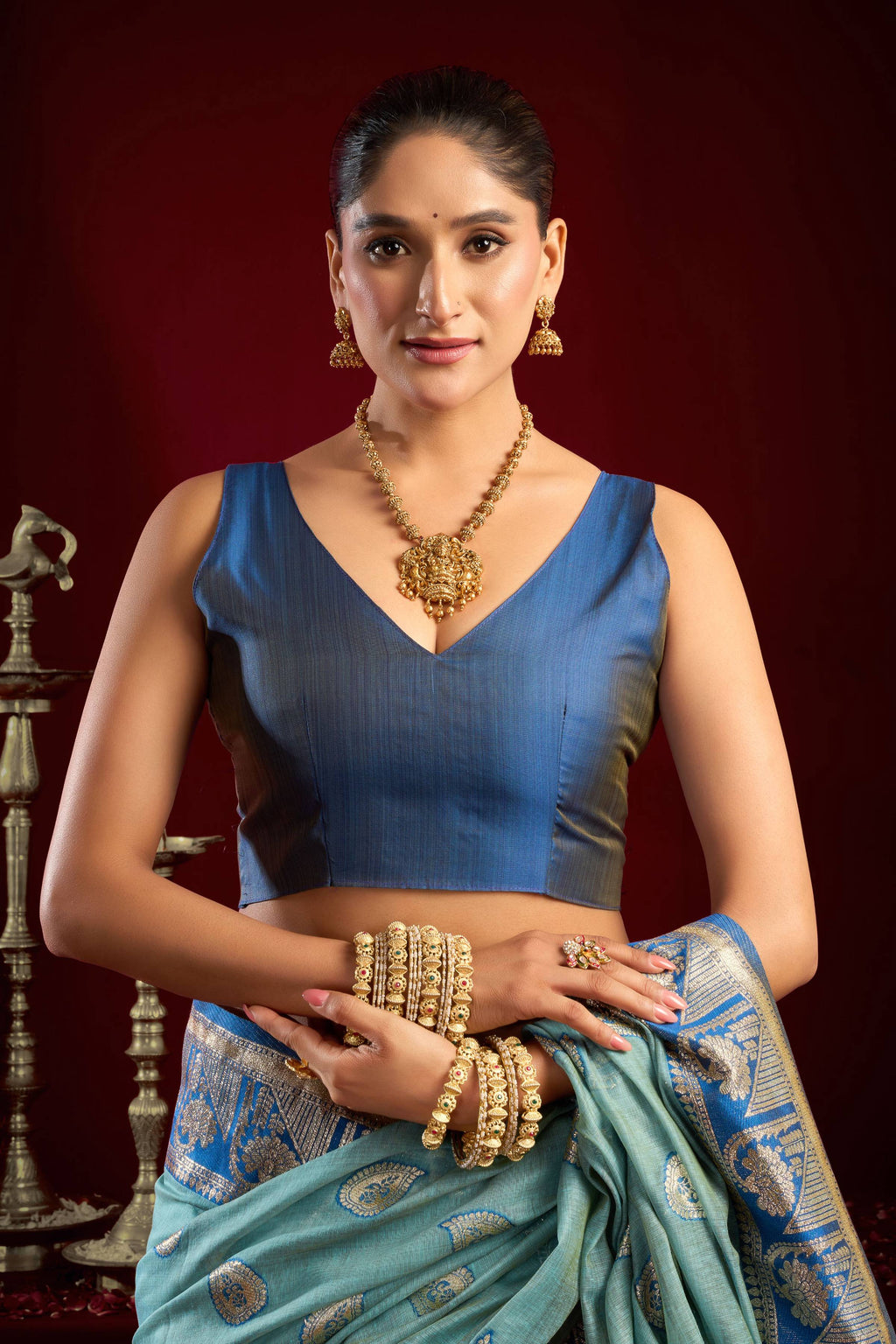Sky Blue Modal Banarasi Zari Woven Saree with Matching Blouse