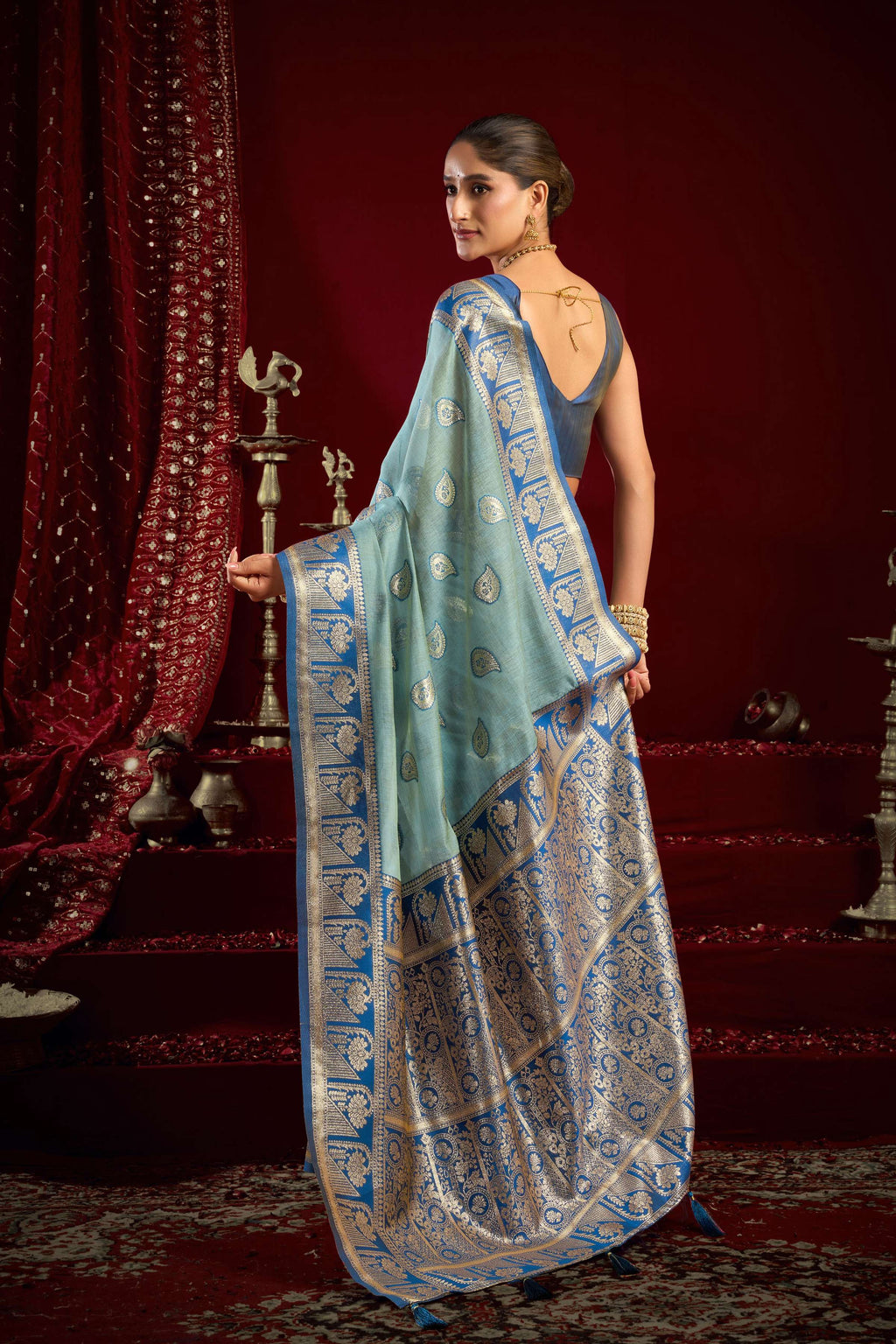 Sky Blue Modal Banarasi Zari Woven Saree with Matching Blouse