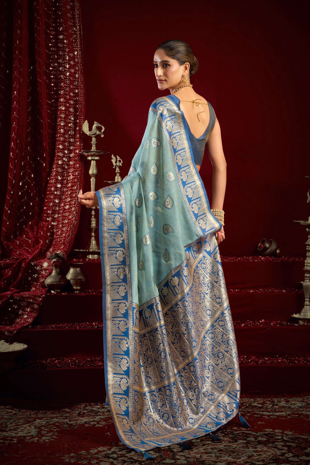 Sky Blue Modal Banarasi Zari Woven Saree with Matching Blouse