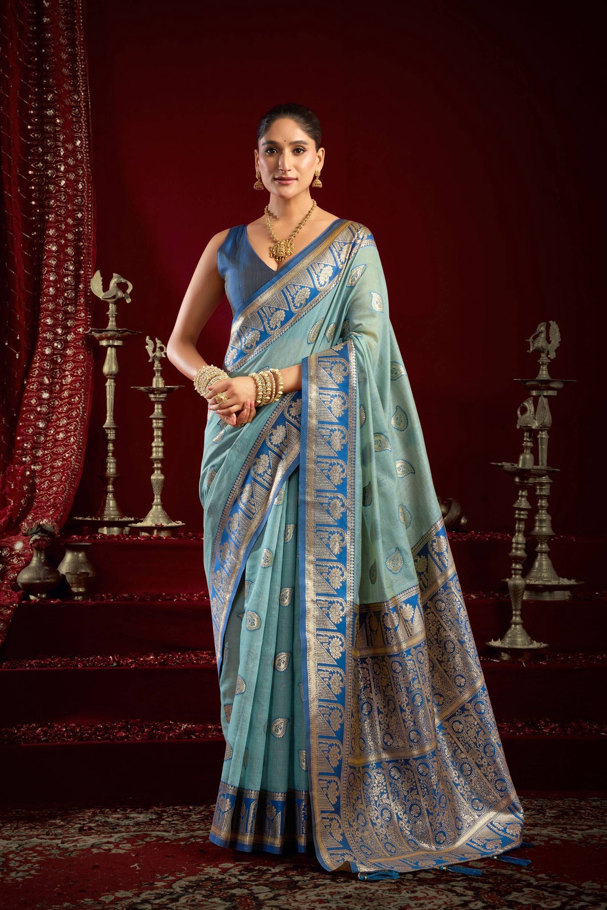 Sky blue Modal Banarasi saree with intricate zari work and matching blouse
