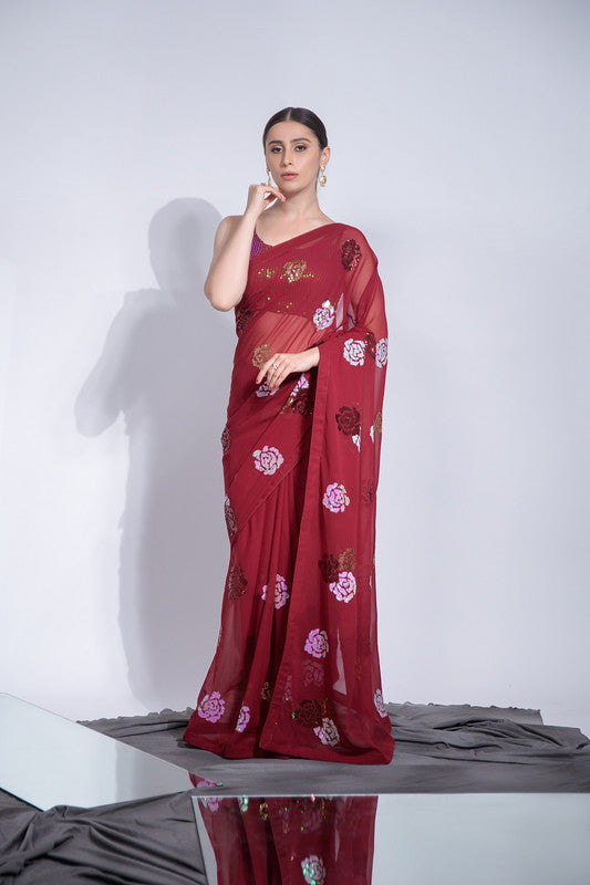Maroon Georgette Saree with Sequence Work and Blouse