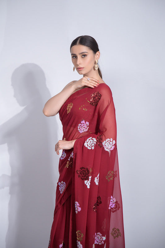 Maroon Georgette Saree with Sequence Work and Blouse