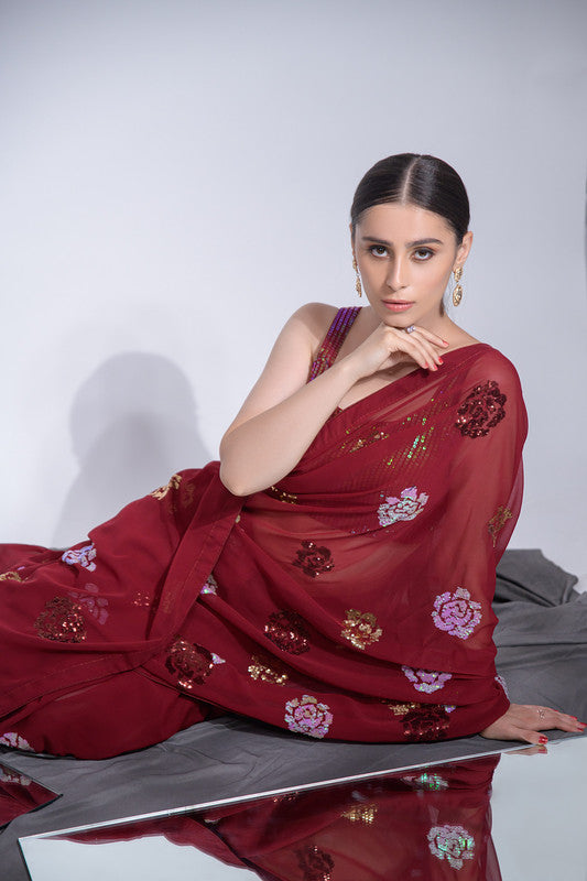 Maroon Georgette Saree with Sequence Work and Blouse