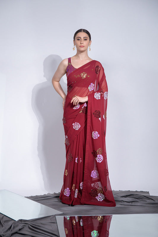 Elegant maroon georgette saree with sequence embroidery work and matching blouse