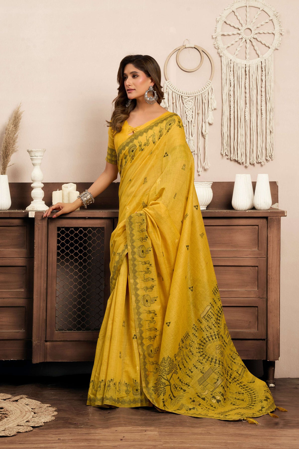 Mustard Modal Art Silk Saree with Warli Work and Blouse