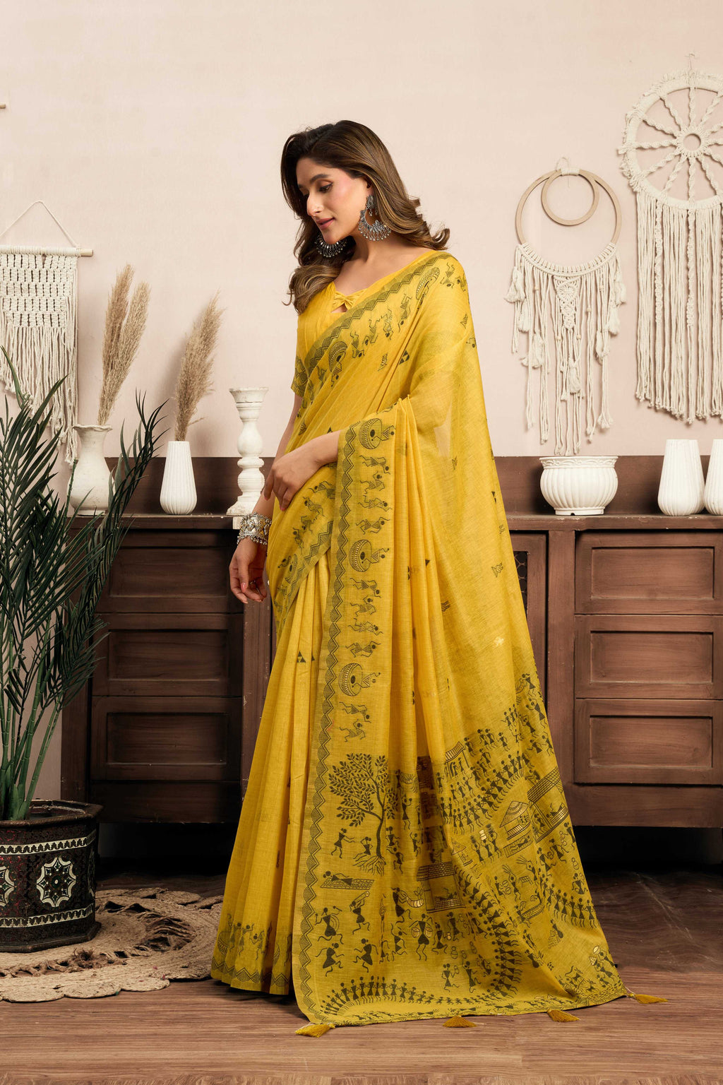 Mustard Modal Art Silk Saree with Warli Work and Blouse