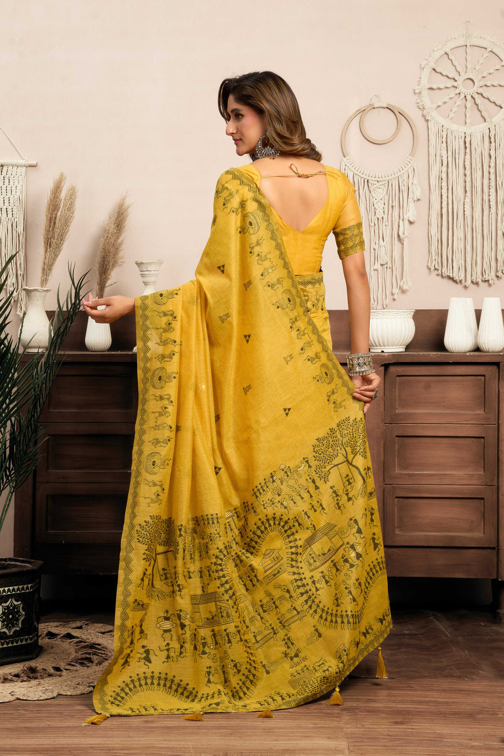 Mustard Modal Art Silk Saree with Warli Work and Blouse