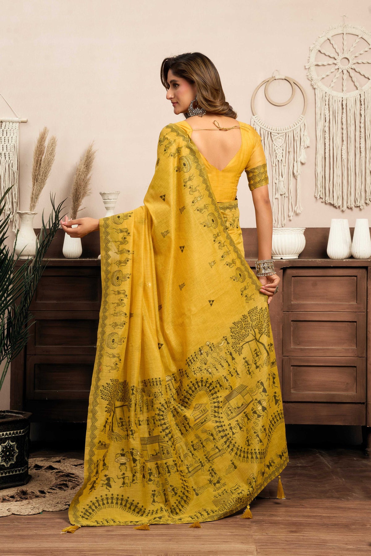 Mustard Modal Art Silk Saree with Warli Work and Blouse