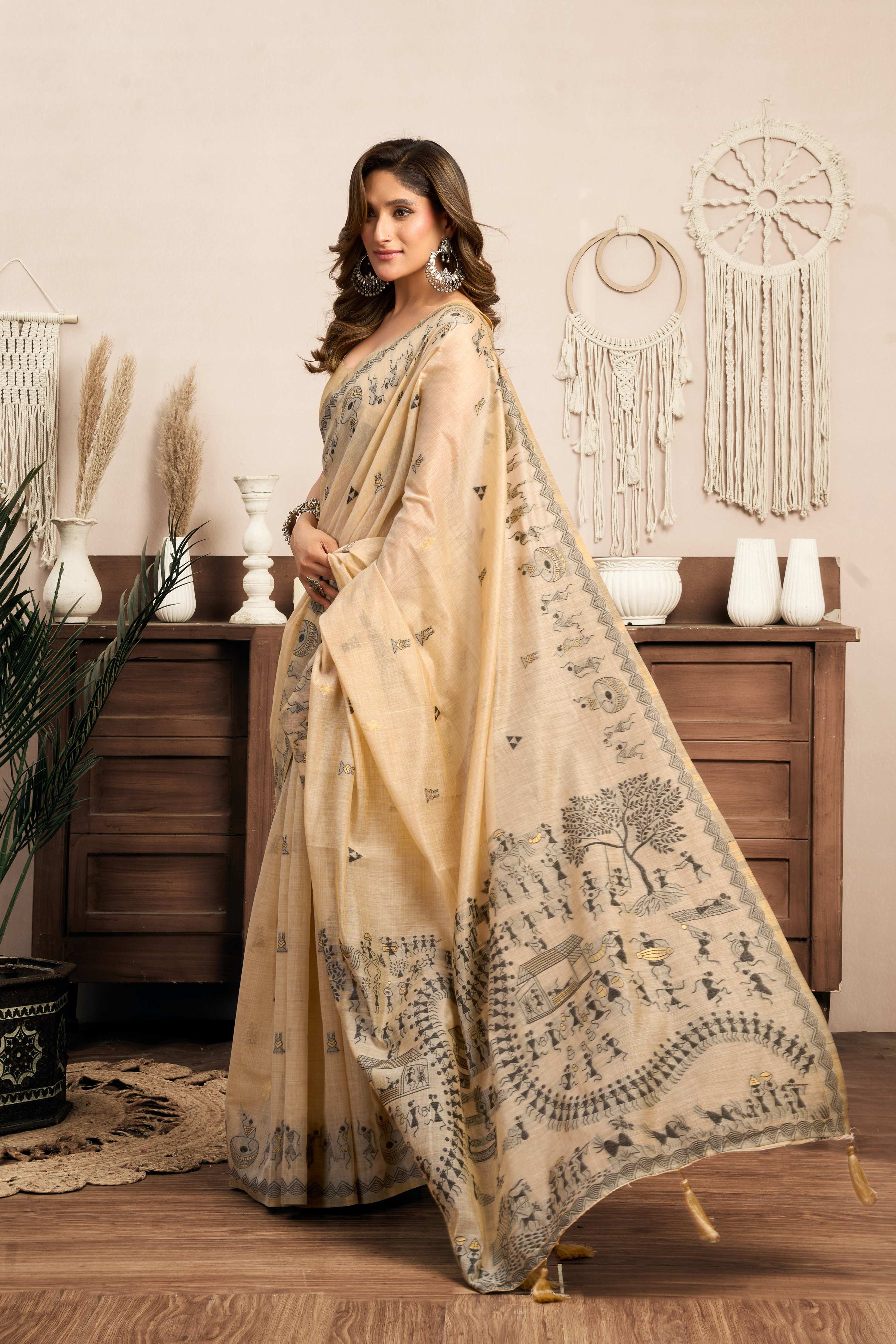 Cream Modal Art Silk Warli Work Saree with Matching Blouse