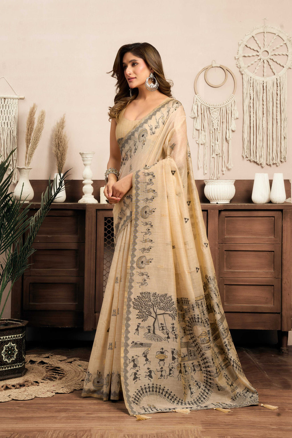 Cream Modal Art Silk Warli Work Saree with Matching Blouse