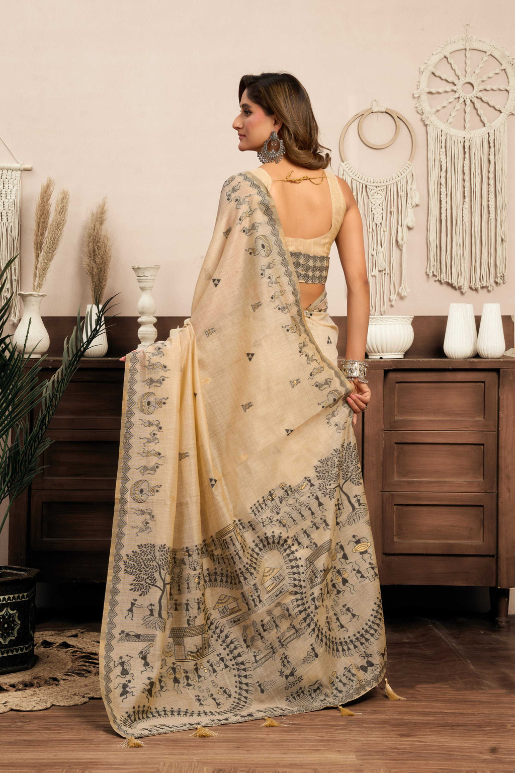 Cream Modal Art Silk Warli Work Saree with Matching Blouse