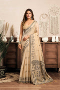 Cream Modal Art Silk saree with traditional Warli work print and Jhallar edge detail