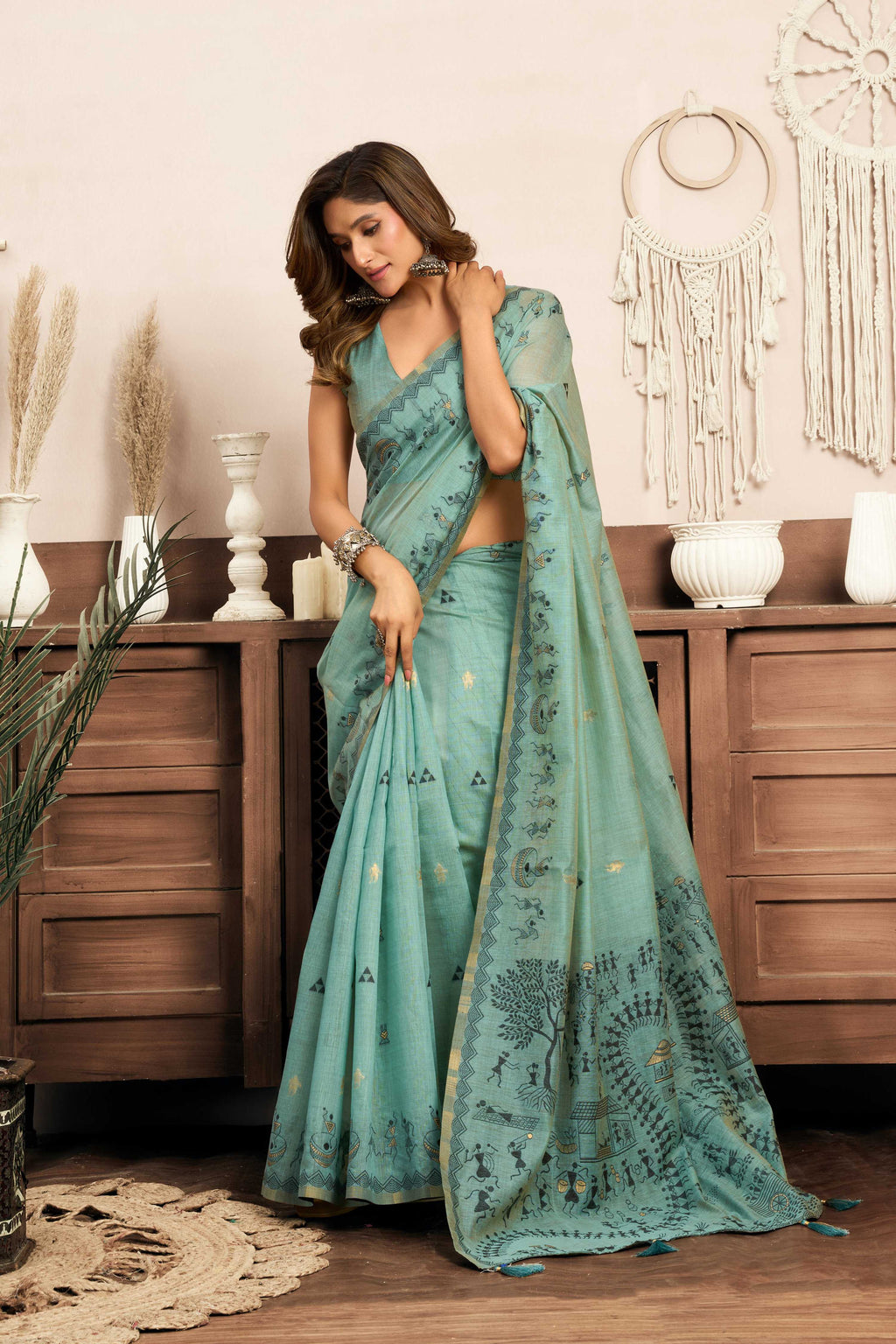 Sky Blue Modal Art Silk Saree with Warli Art Prints