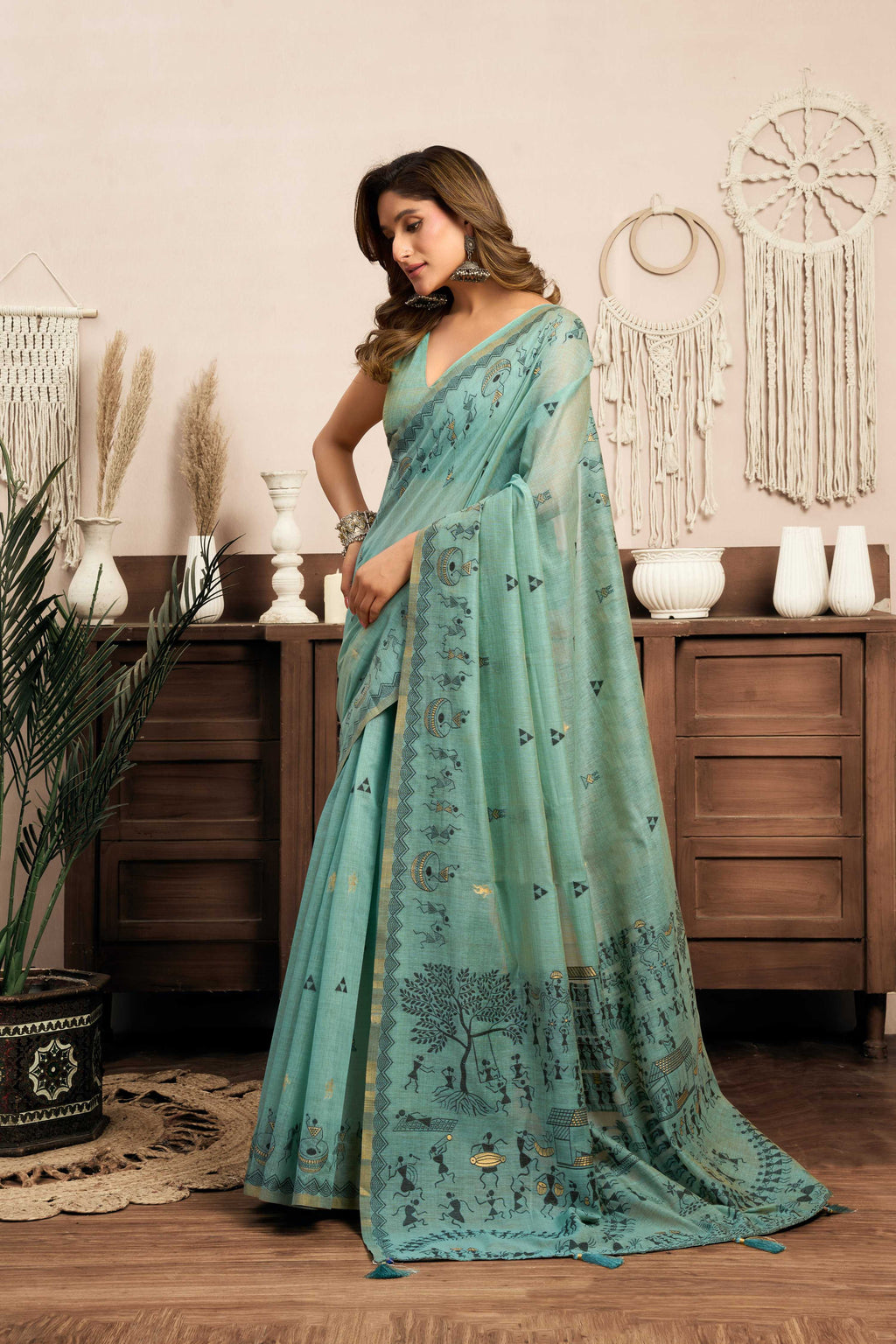 Sky Blue Modal Art Silk Saree with Warli Art Prints