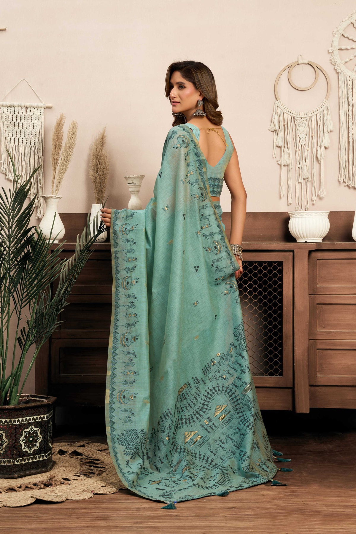 Sky Blue Modal Art Silk Saree with Warli Art Prints