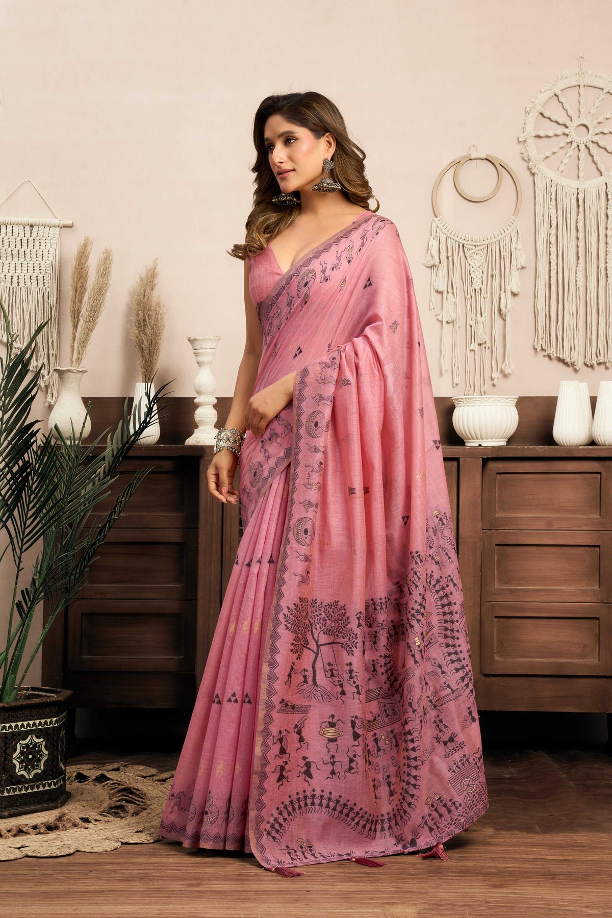 Pink Modal Art Silk Warli Work Saree with Matching Blouse