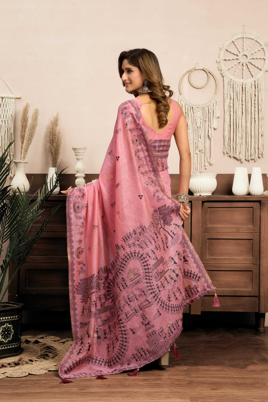 Pink Modal Art Silk Warli Work Saree with Matching Blouse
