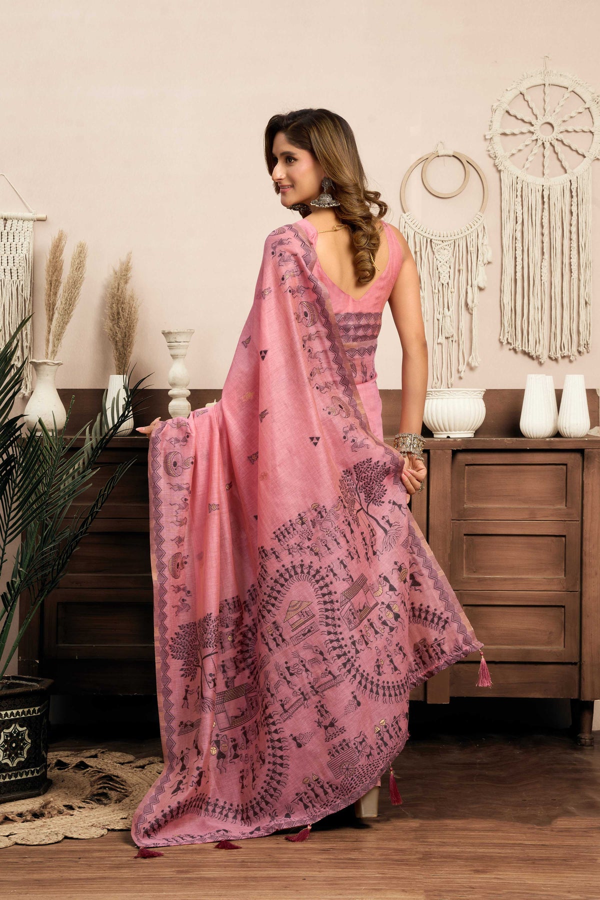 Pink Modal Art Silk Warli Work Saree with Matching Blouse