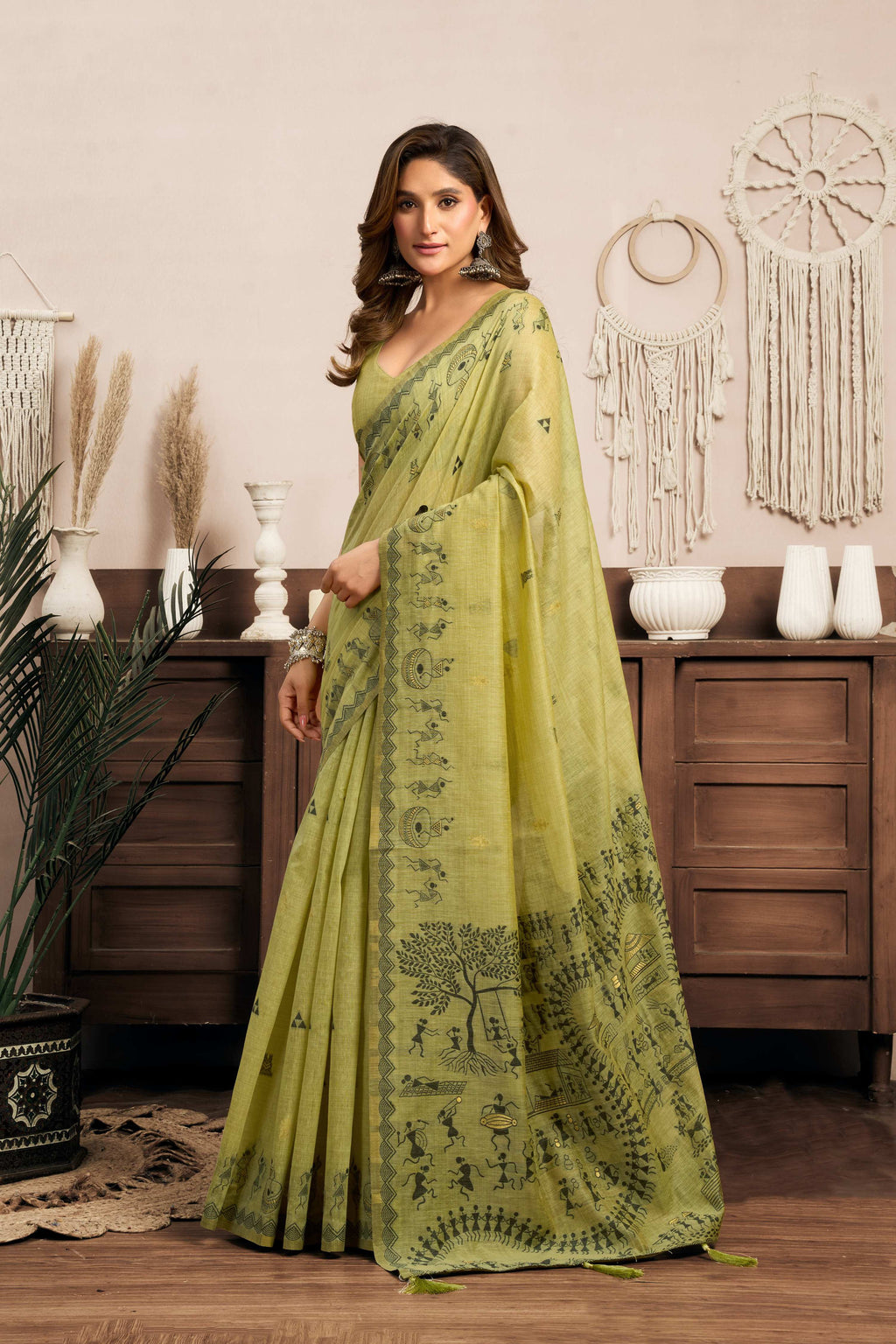 Green Modal Art Silk Warli Work Saree with Matching Blouse