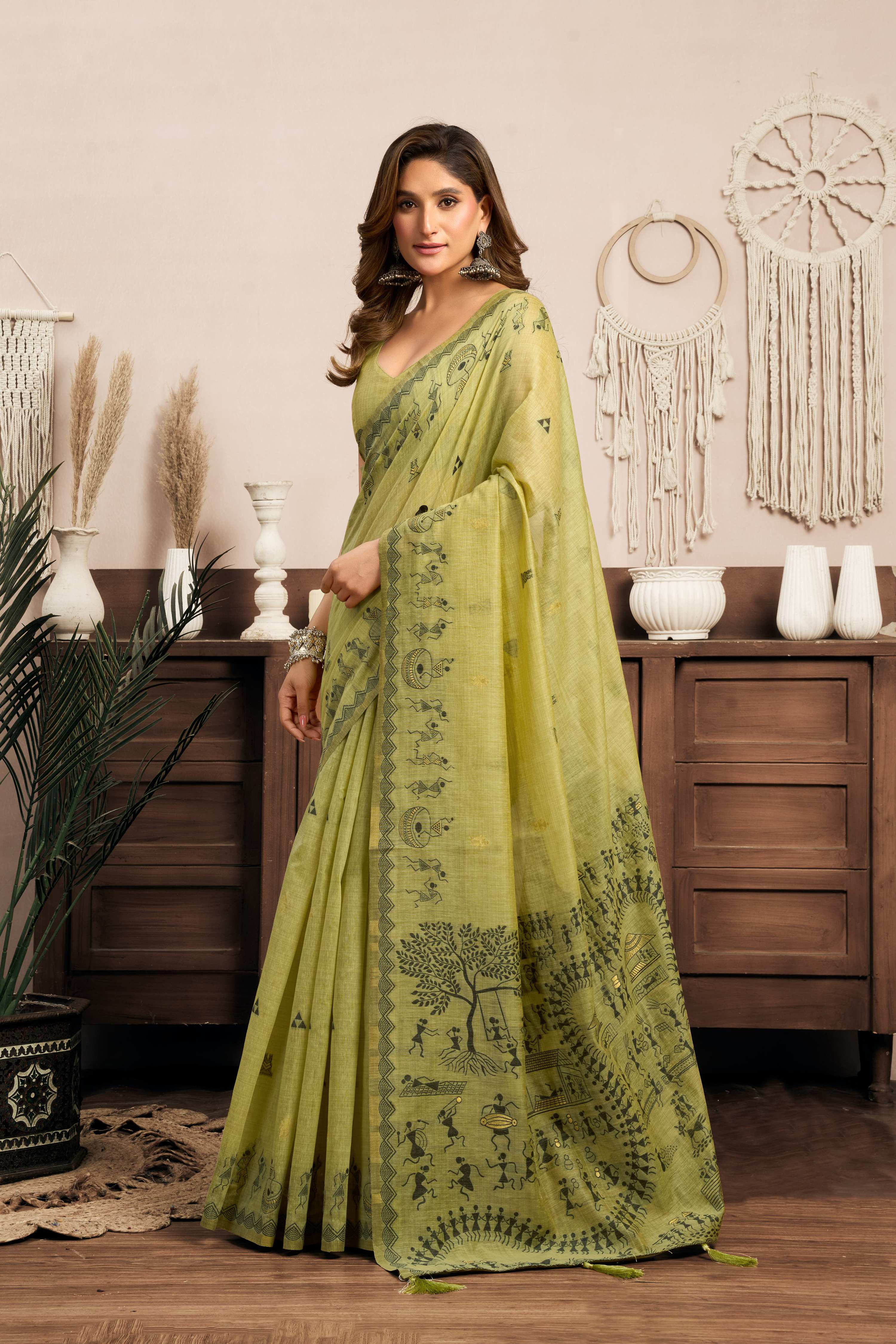 Green Modal Art Silk Warli Work Saree with Matching Blouse