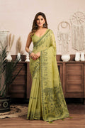 Green Modal Art Silk saree with traditional white Warli work motifs and Jhallar border