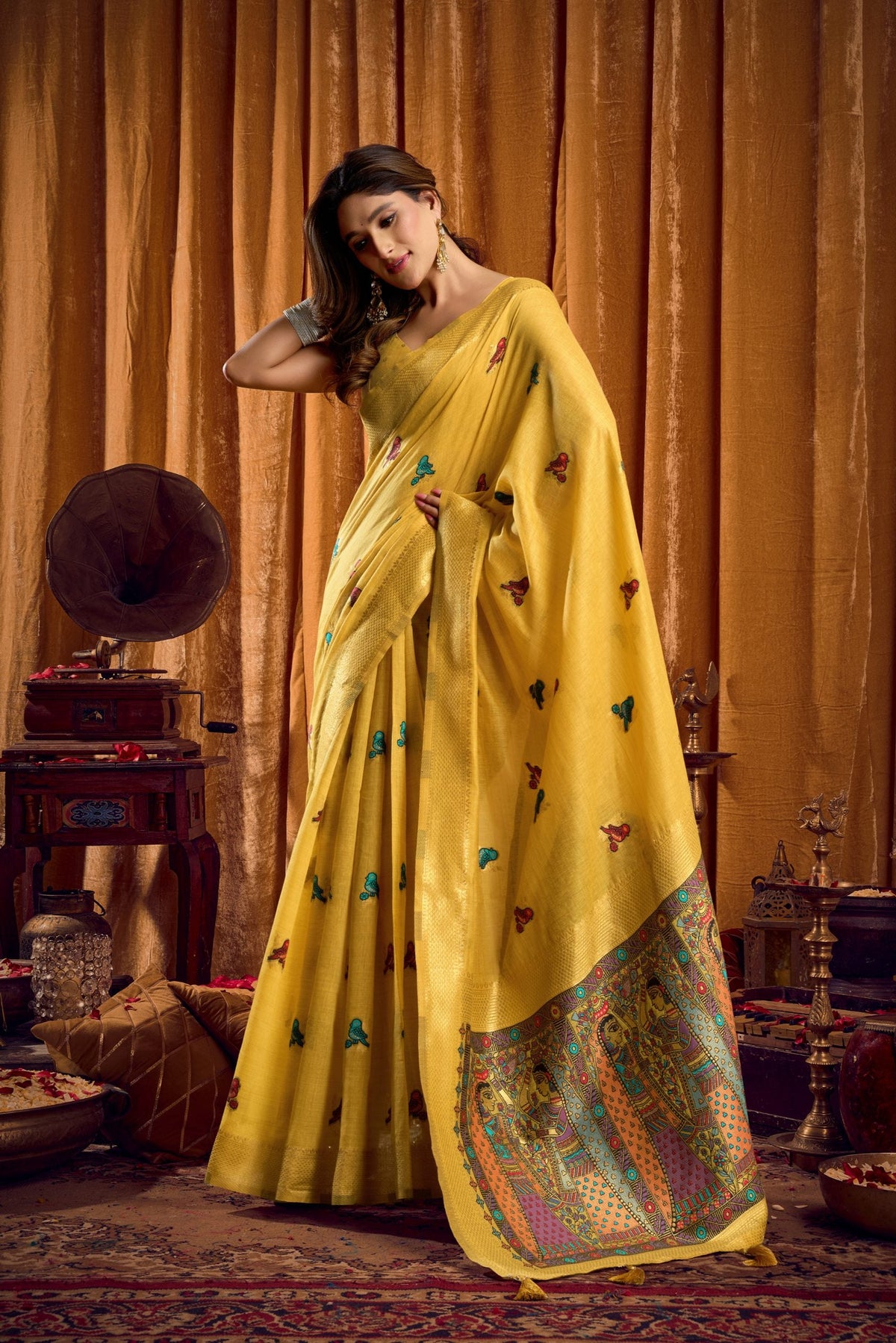 Yellow Khadi Cotton Saree with Mina Work and Matching Blouse