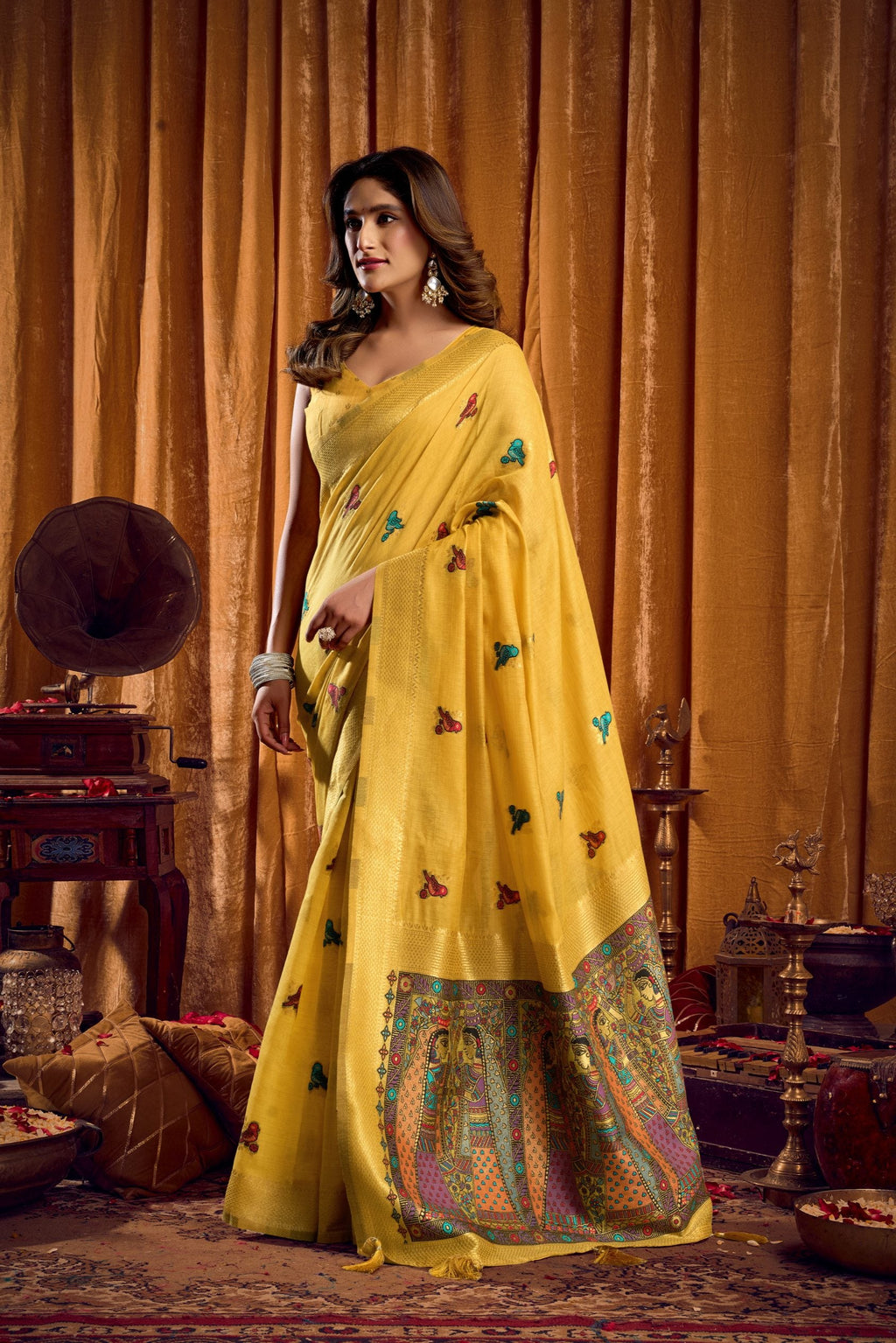 Yellow Khadi Cotton Saree with Mina Work and Matching Blouse