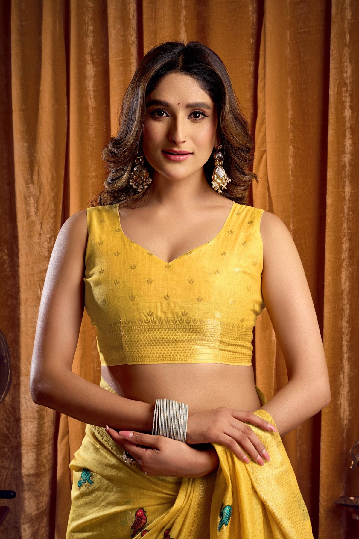 Yellow Khadi Cotton Saree with Mina Work and Matching Blouse