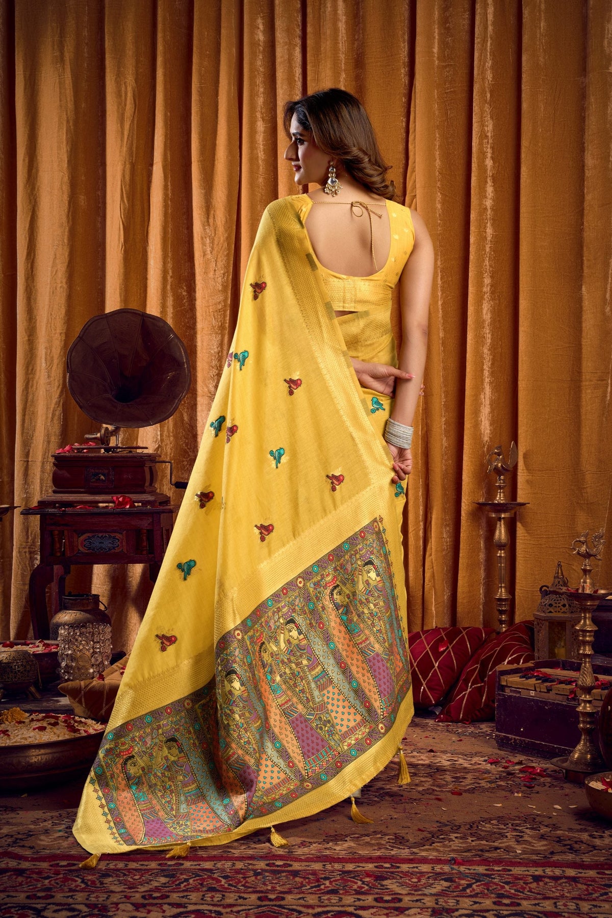 Yellow Khadi Cotton Saree with Mina Work and Matching Blouse