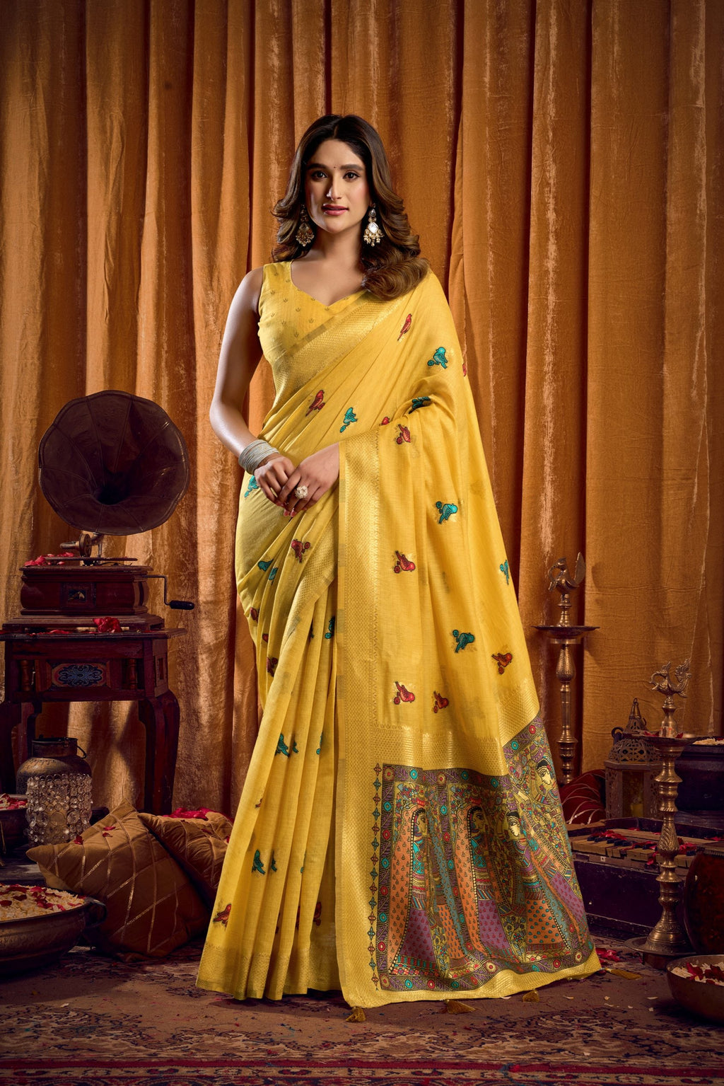 Yellow Khadi Cotton Saree with Katha and Mina work detailing