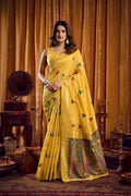 Yellow Khadi Cotton Saree with Katha and Mina work detailing