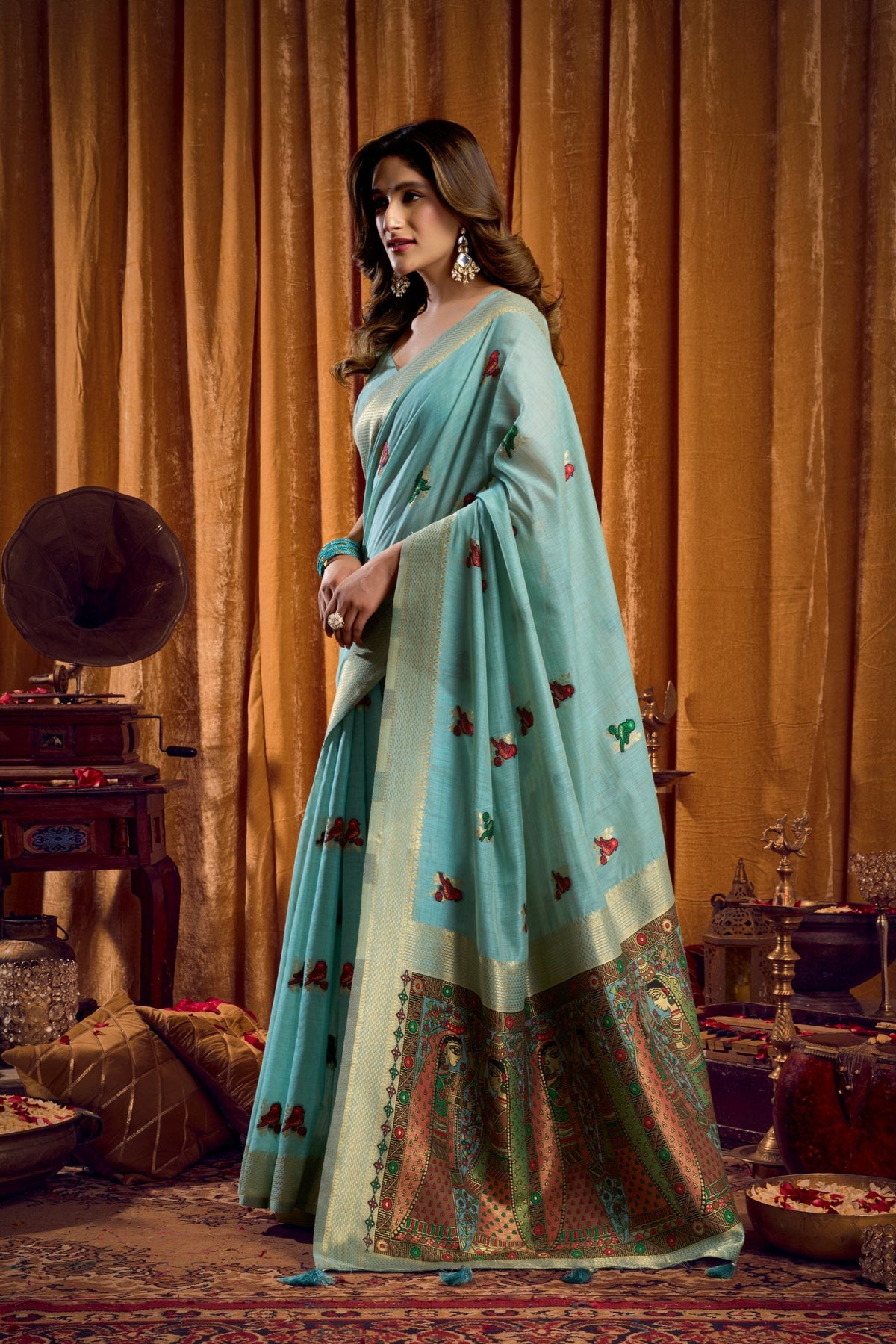 Sky Blue Khadi Cotton Mina Work Saree with Matching Blouse