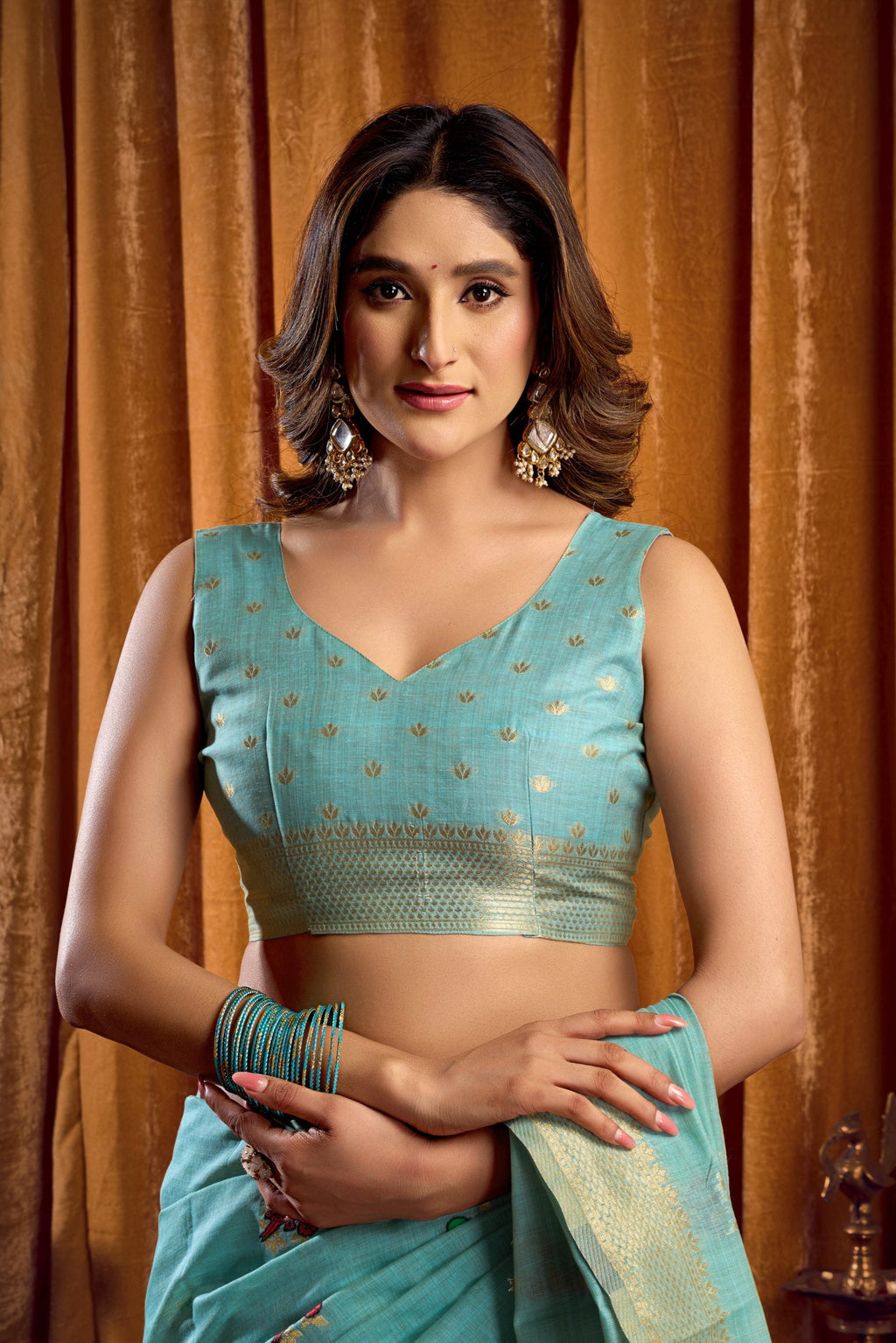 Sky Blue Khadi Cotton Mina Work Saree with Matching Blouse