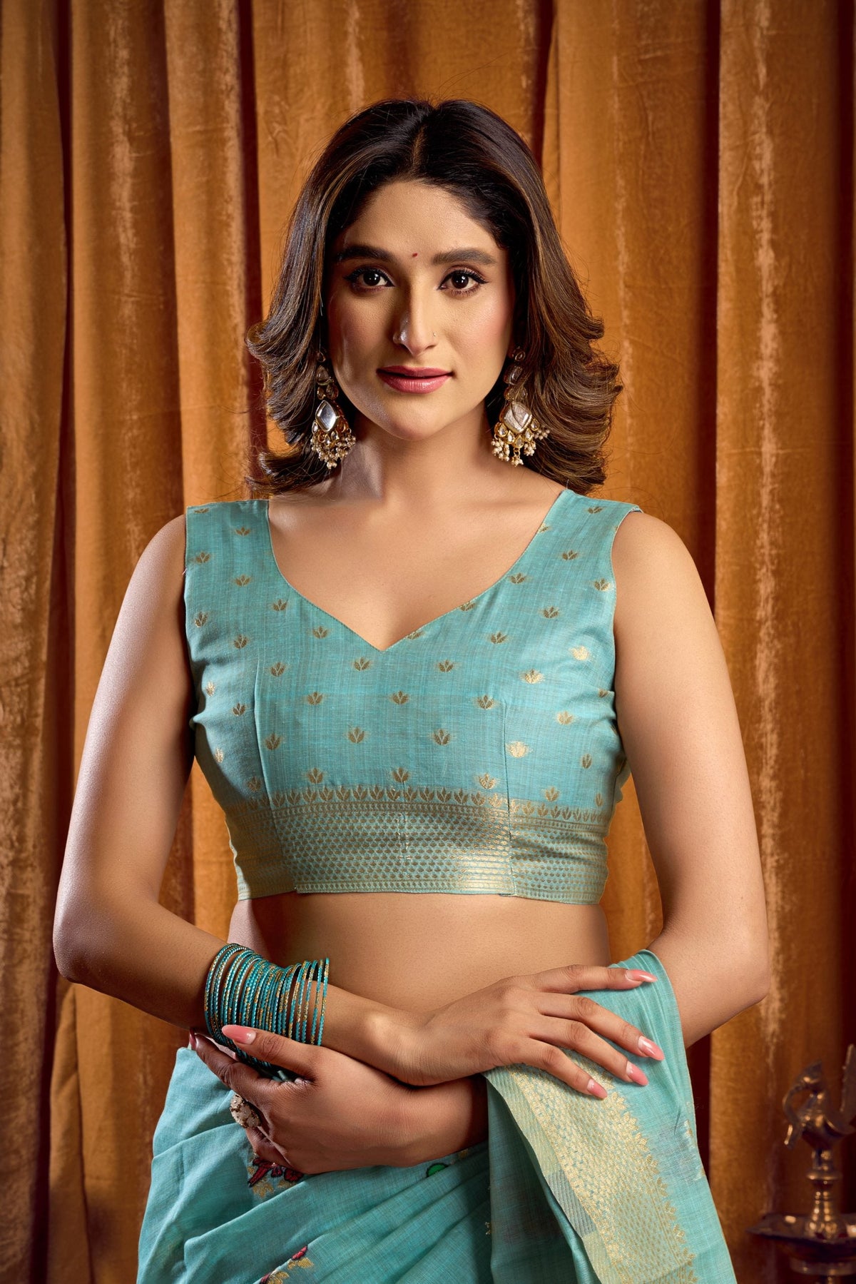 Sky Blue Khadi Cotton Mina Work Saree with Matching Blouse