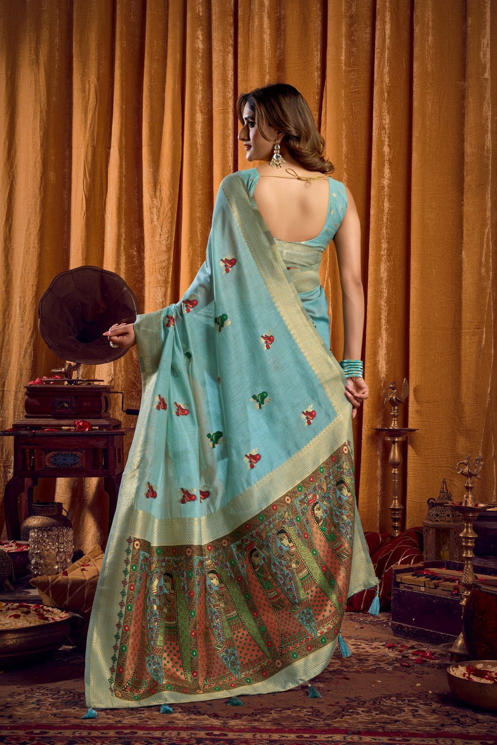 Sky Blue Khadi Cotton Mina Work Saree with Matching Blouse