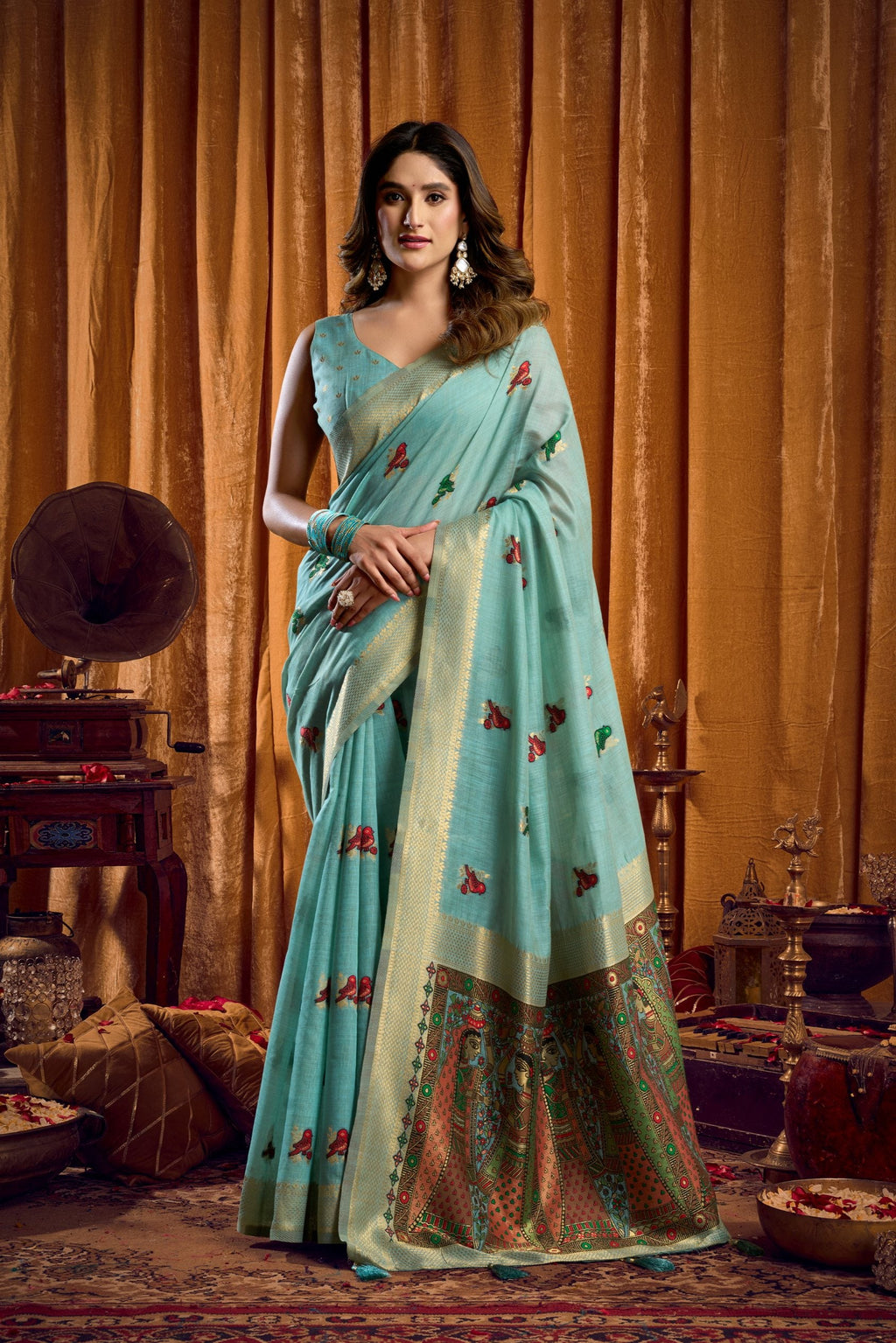 Sky blue khadi cotton saree with detailed mina work and katha stitch texture