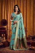 Sky blue khadi cotton saree with detailed mina work and katha stitch texture