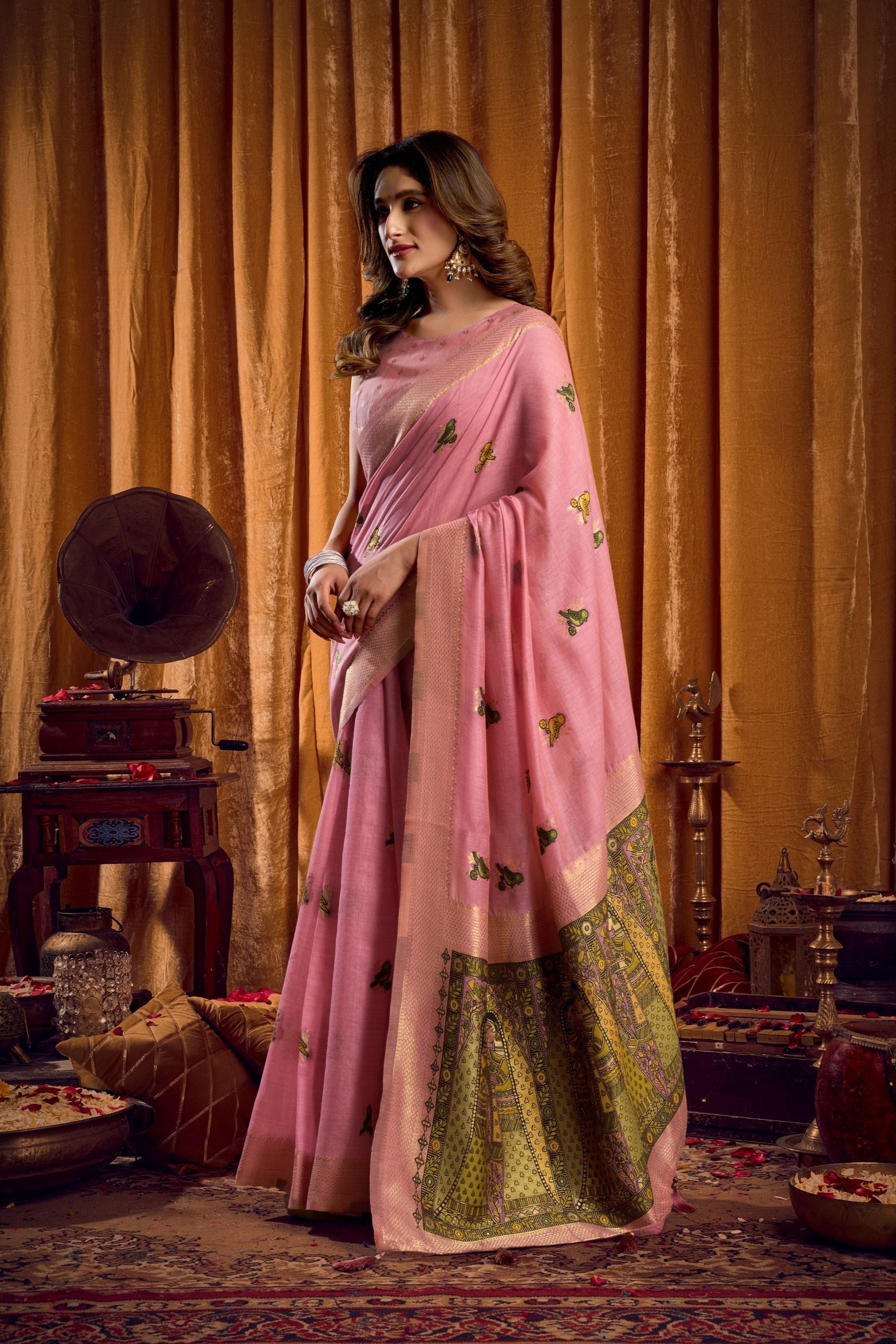 Pink Khadi Cotton Saree with Katha Work, Mina Detail & Blouse