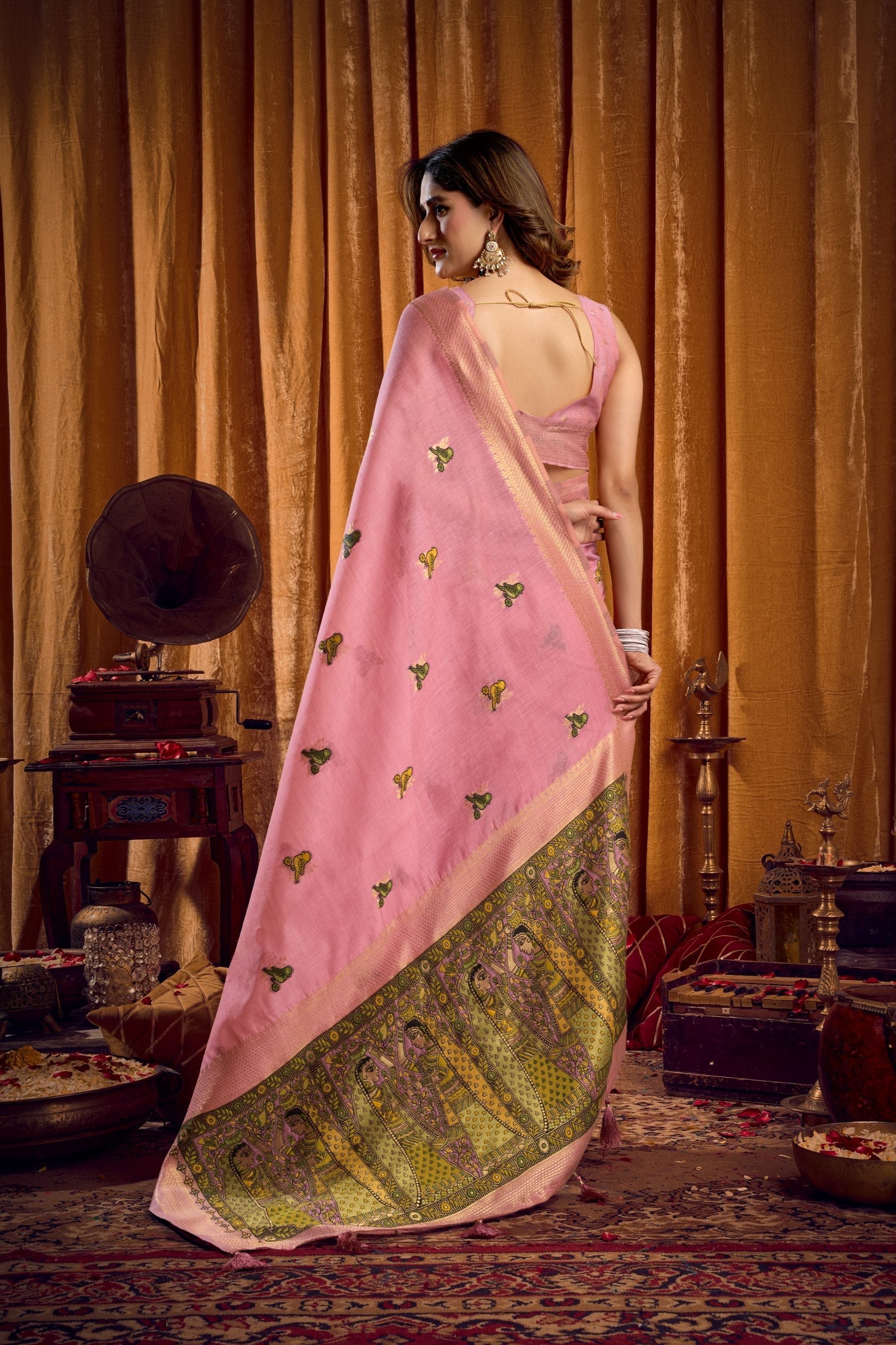 Pink Khadi Cotton Saree with Katha Work, Mina Detail & Blouse