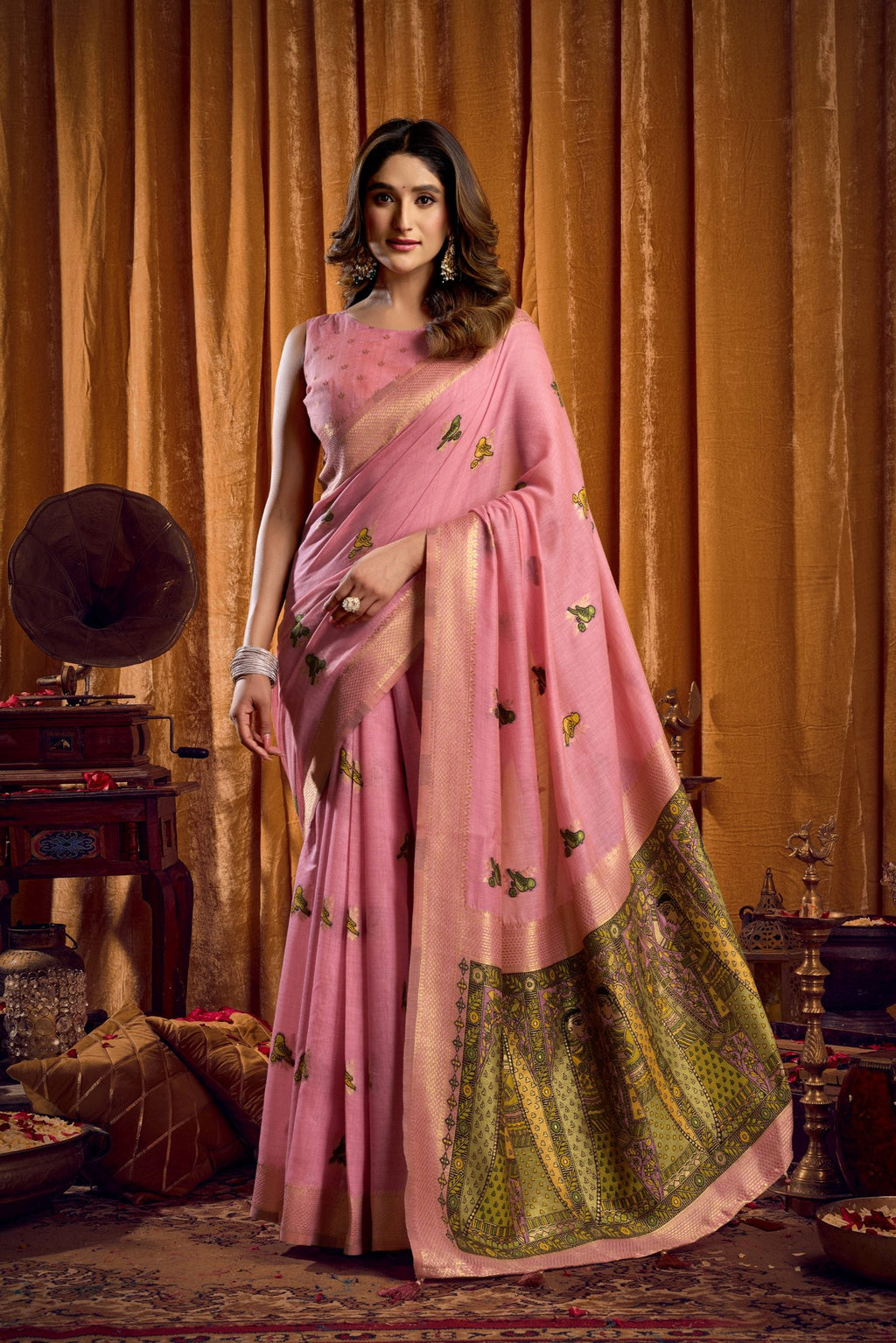 Pink Khadi Cotton saree with Katha work, Mina detailing and Zhallar border
