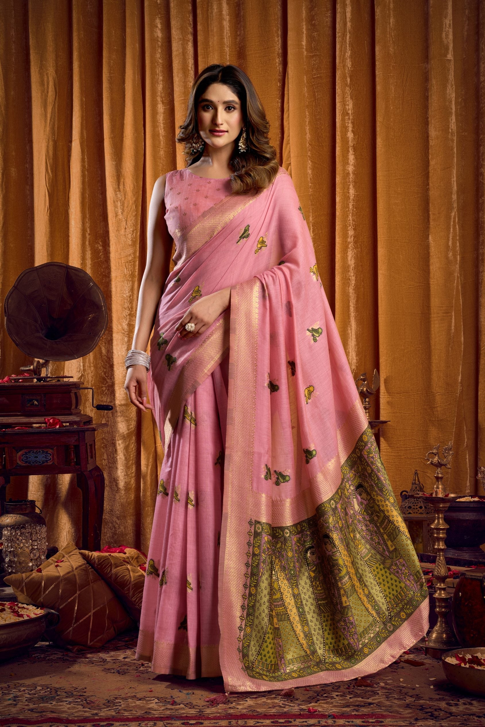 Pink Khadi Cotton saree with Katha work, Mina detailing and Zhallar border