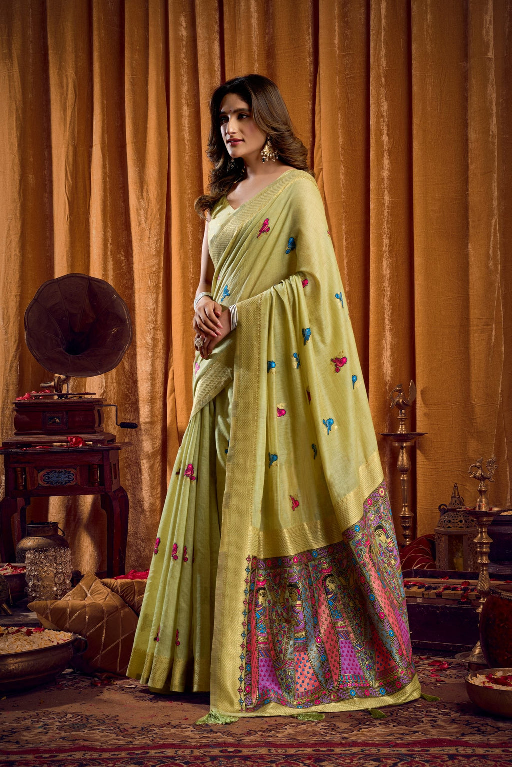 Green Khadi Cotton Saree with Mina and Zhallar Work