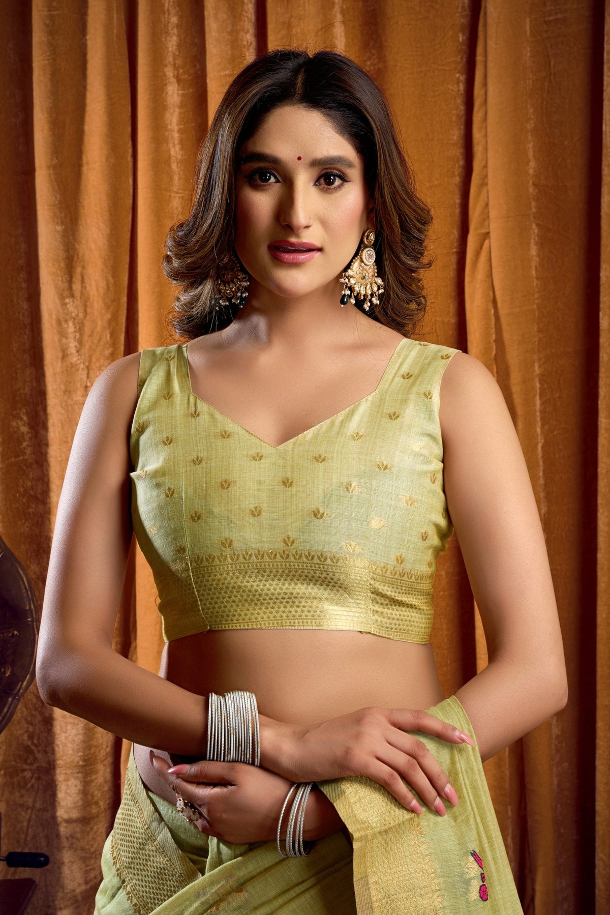 Green Khadi Cotton Saree with Mina and Zhallar Work