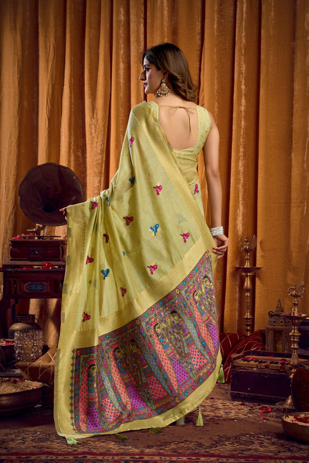 Green Khadi Cotton Saree with Mina and Zhallar Work
