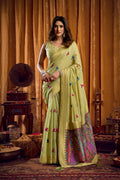Green Khadi cotton saree featuring intricate Katha and Mina work with Zhallar border.