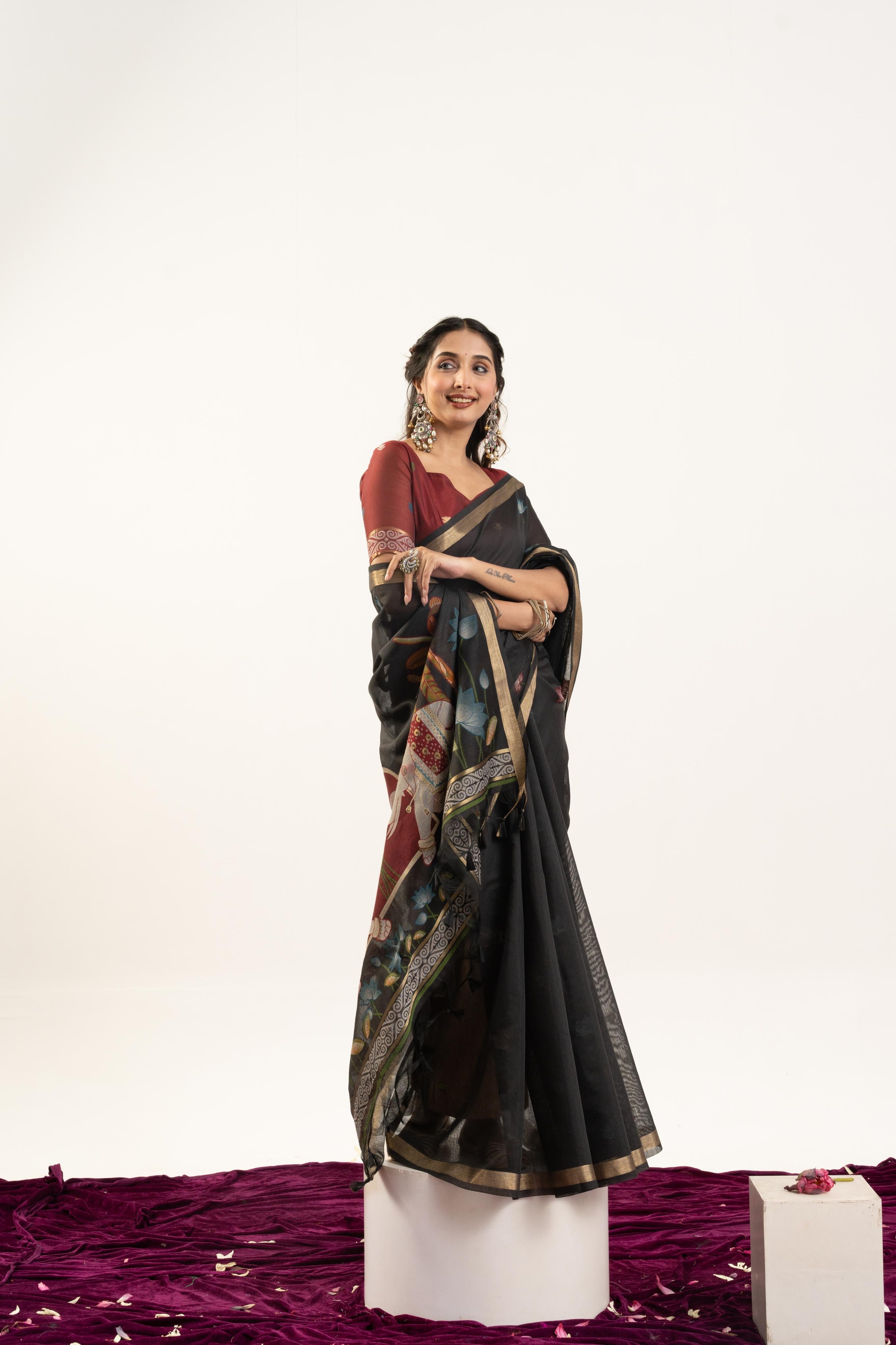 Black Soft Muga Cotton Saree with Zari Butties & Blouse