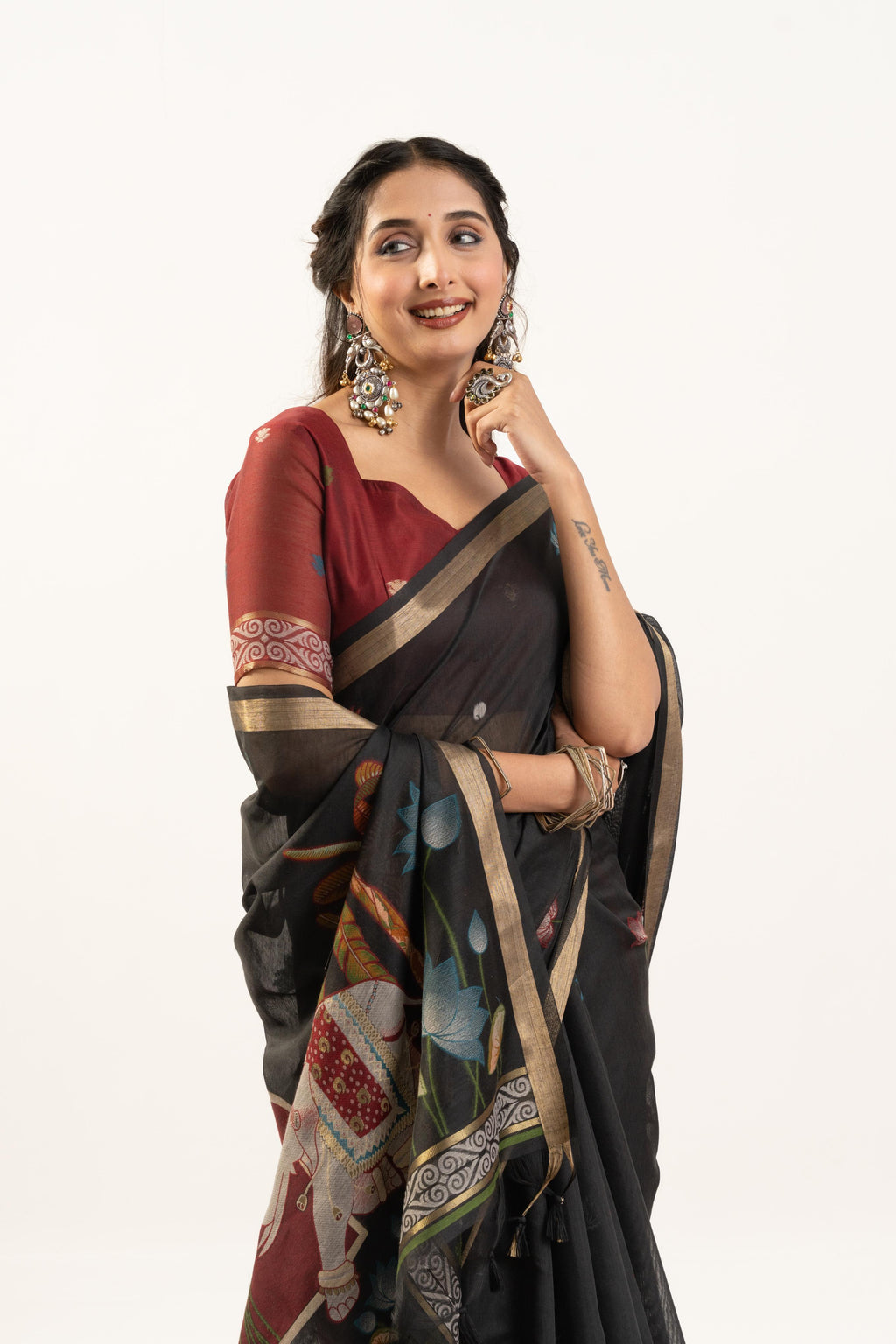 Black Soft Muga Cotton Saree with Zari Butties & Blouse
