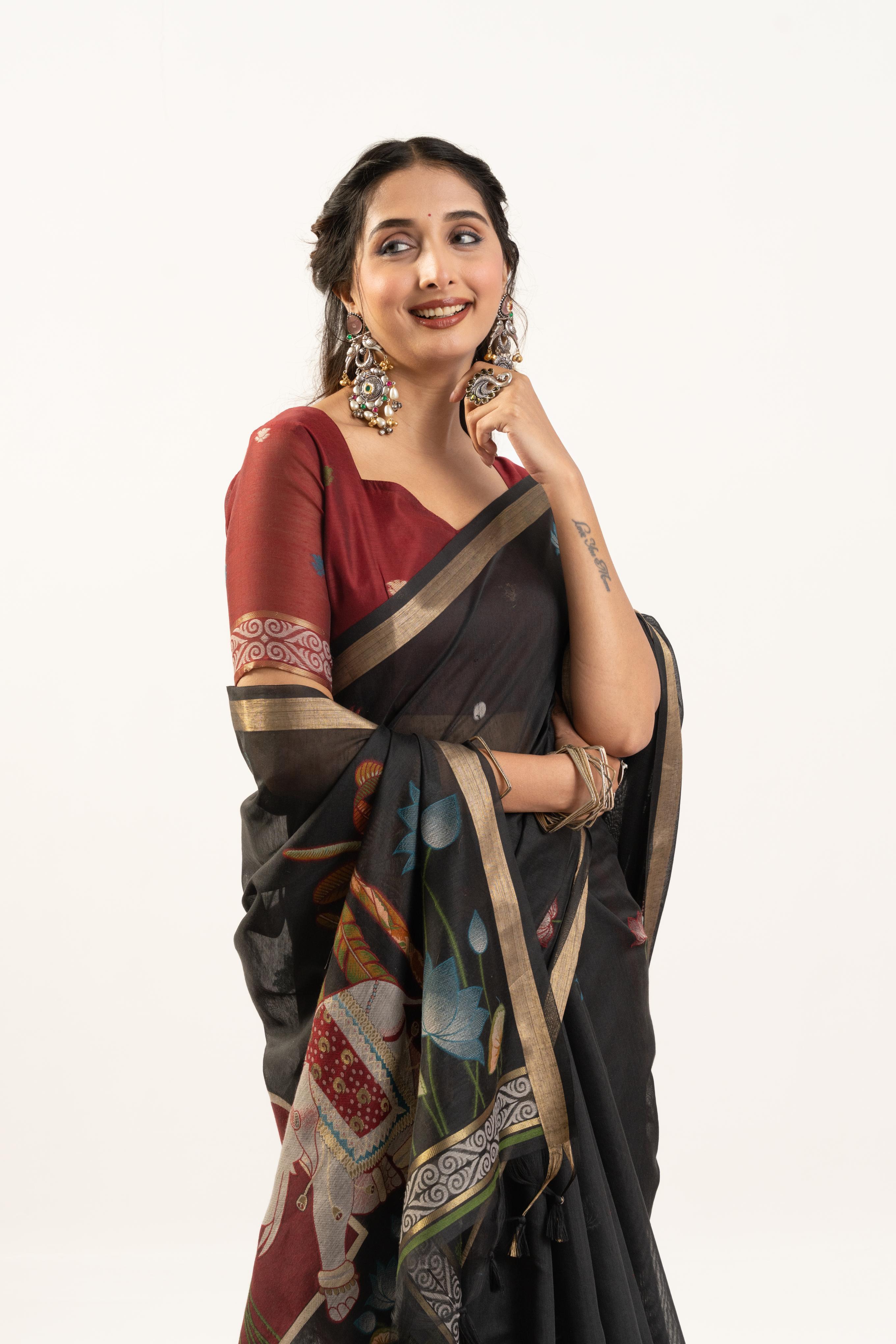 Black Soft Muga Cotton Saree with Zari Butties & Blouse