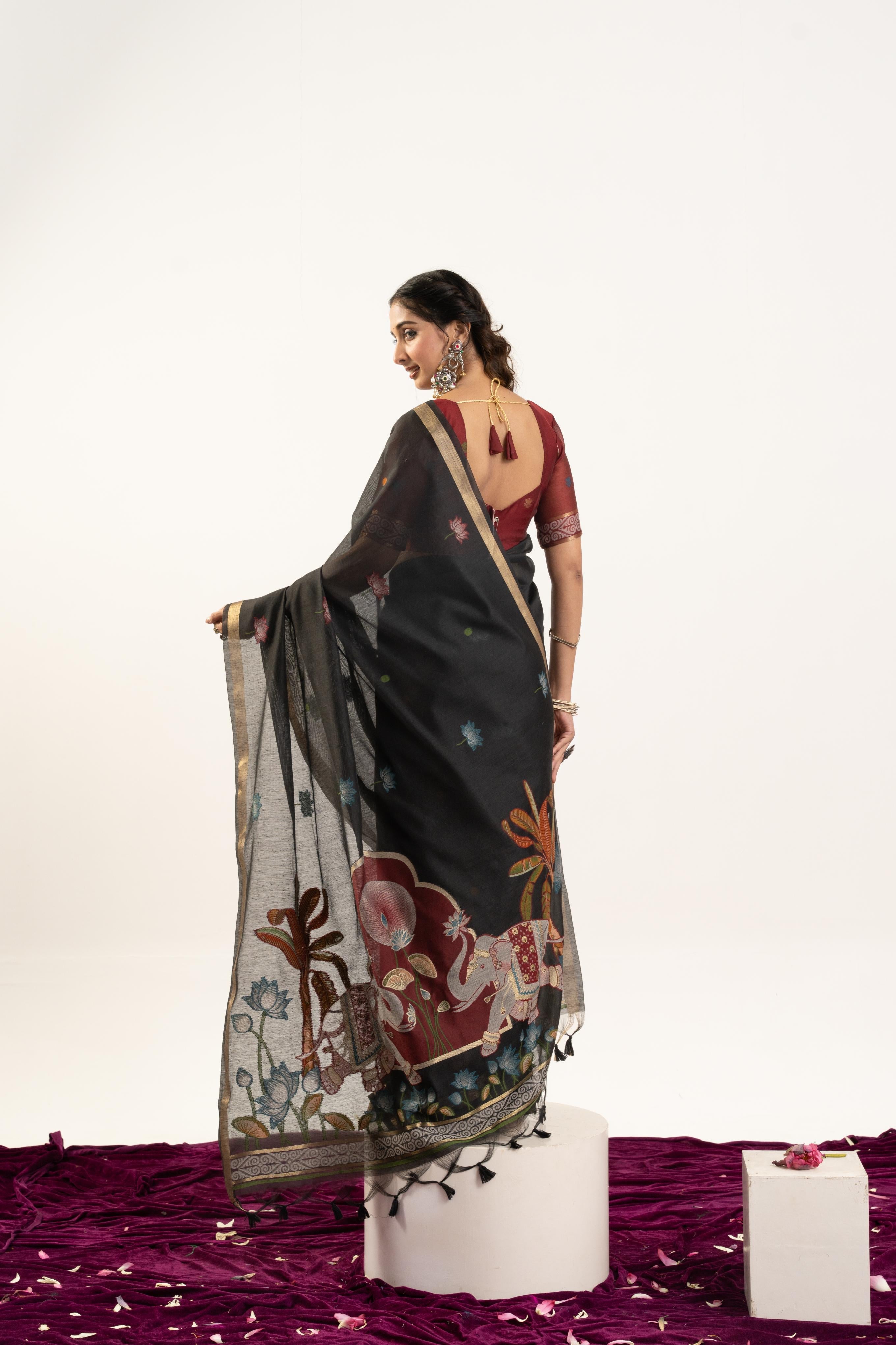 Black Soft Muga Cotton Saree with Zari Butties & Blouse