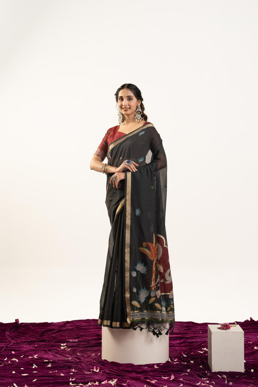 Black Soft Muga Cotton Saree with Zari Butties & Blouse